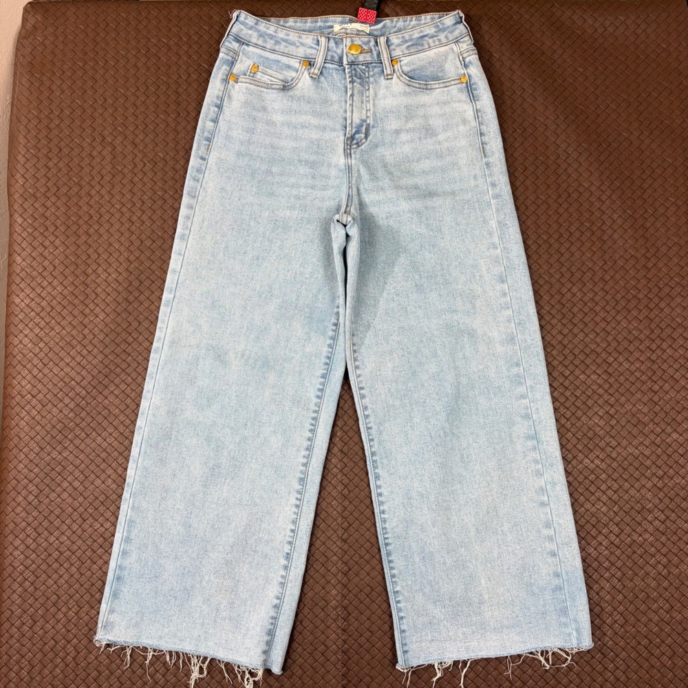 OAT New York Wide Leg High Rise Raw Hem Light Wash Jeans Womens Size 0/25